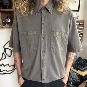 Vintage 90s Gray Short Sleeve Cotton Button Down Shirt Canyon Guide ~ Size M